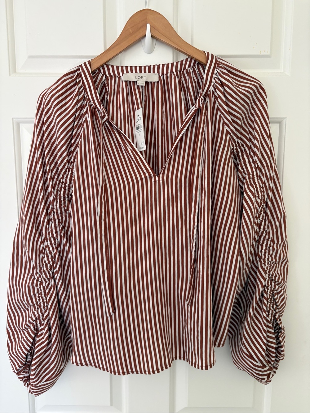NWT LOFT Small Rust and White Striped Peasant Blouse